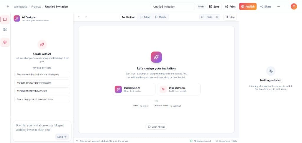 Editor workspace: AI Designer on the left with prompt suggestions, empty canvas in the center inviting you to design with AI or drag elements, and properties panel on the right.