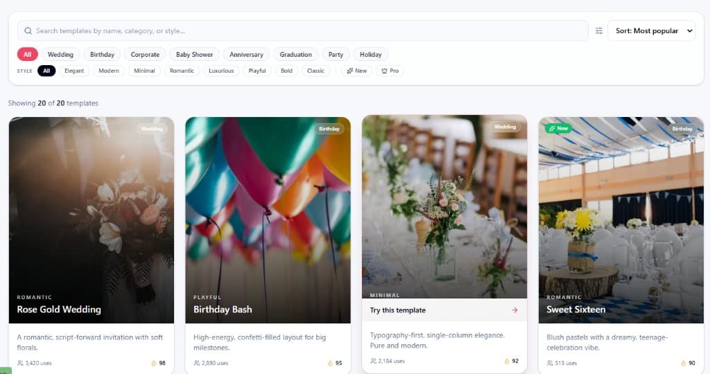 Templates page: search bar, sort and filters, category and style pills, and a grid of invitation template cards with previews and Try this template.