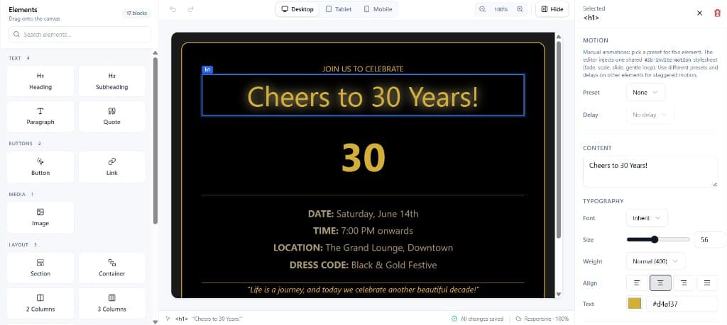 Playground with Elements palette on the left, invitation canvas in the center with a heading selected, and properties panel on the right for typography and motion.