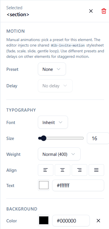 Element settings panel for a selected section: Motion preset and delay, typography controls, and background color.